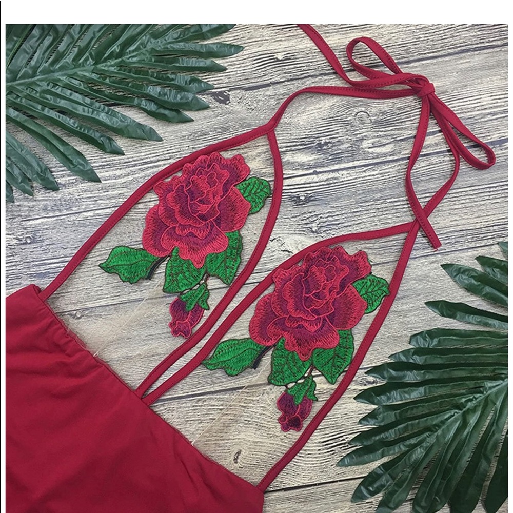 Red mesh rose high waist swimsuit